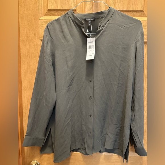 Eileen Fisher Silk Georgette Crepe Band Collar Grove Shirt S - Picture 1 of 8